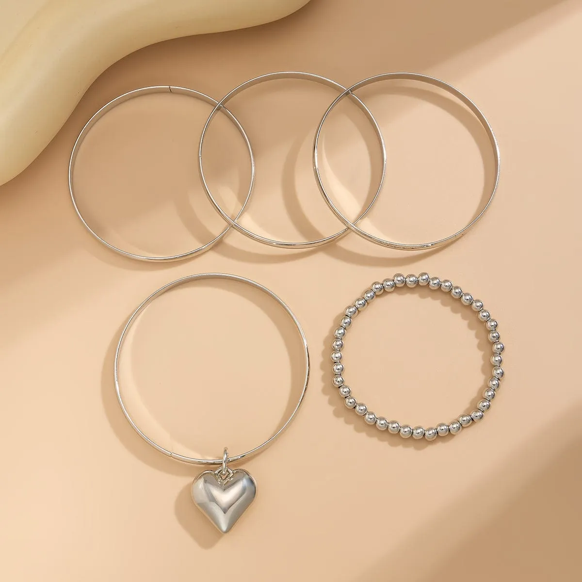 Newly 5pcs Heart Pendant Ball Chain Bangle Bracelet Set