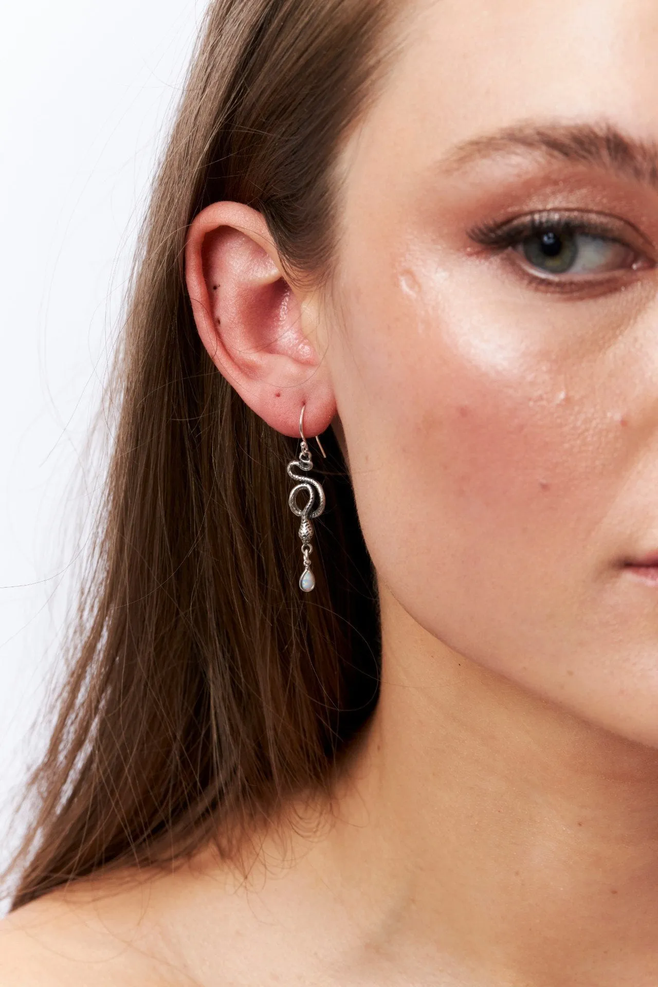 Opal Snake Earrings in Silver