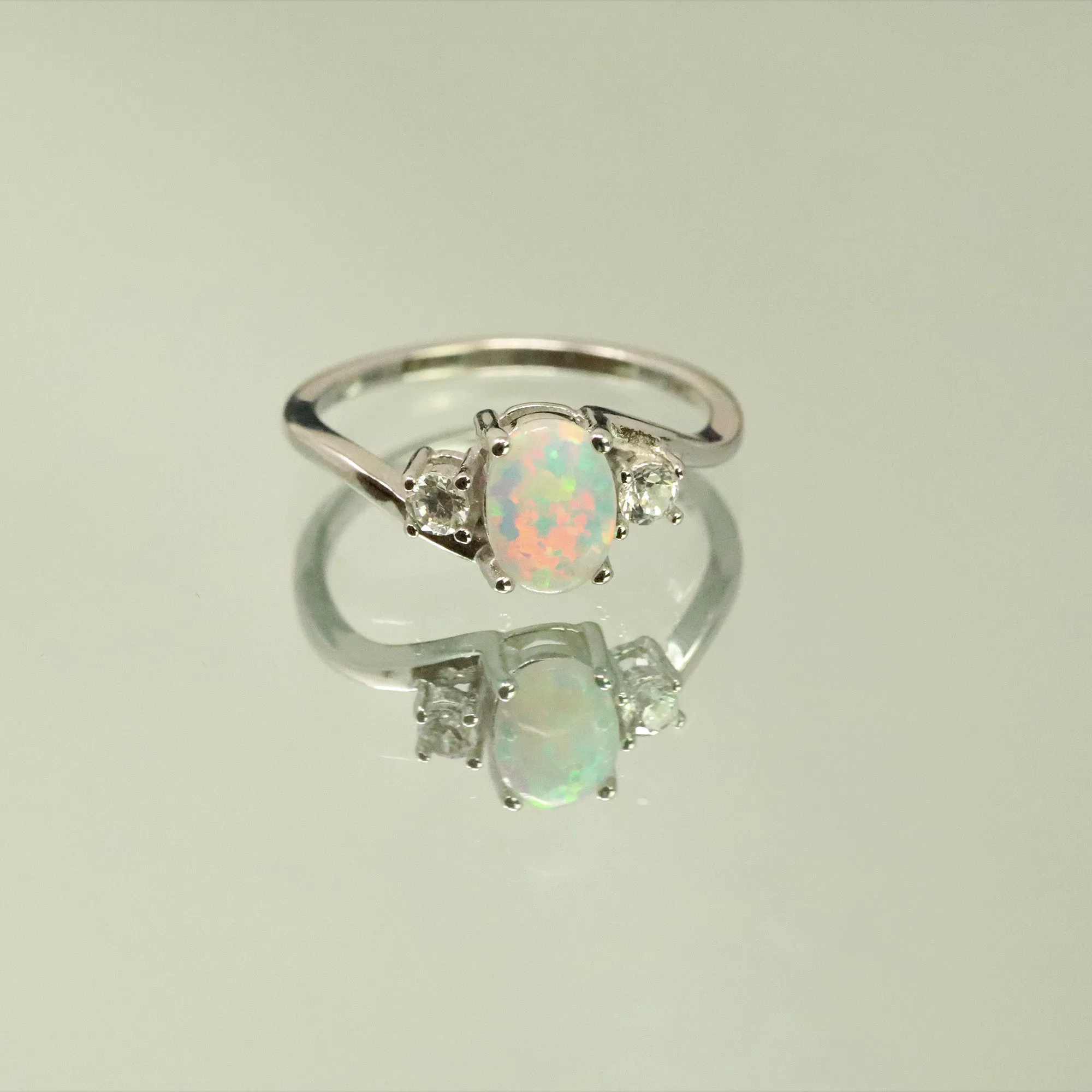 Oval Cut Pearl White Opal Ring with Cubic Zirconia - 925 Sterling Silver Statement Ring