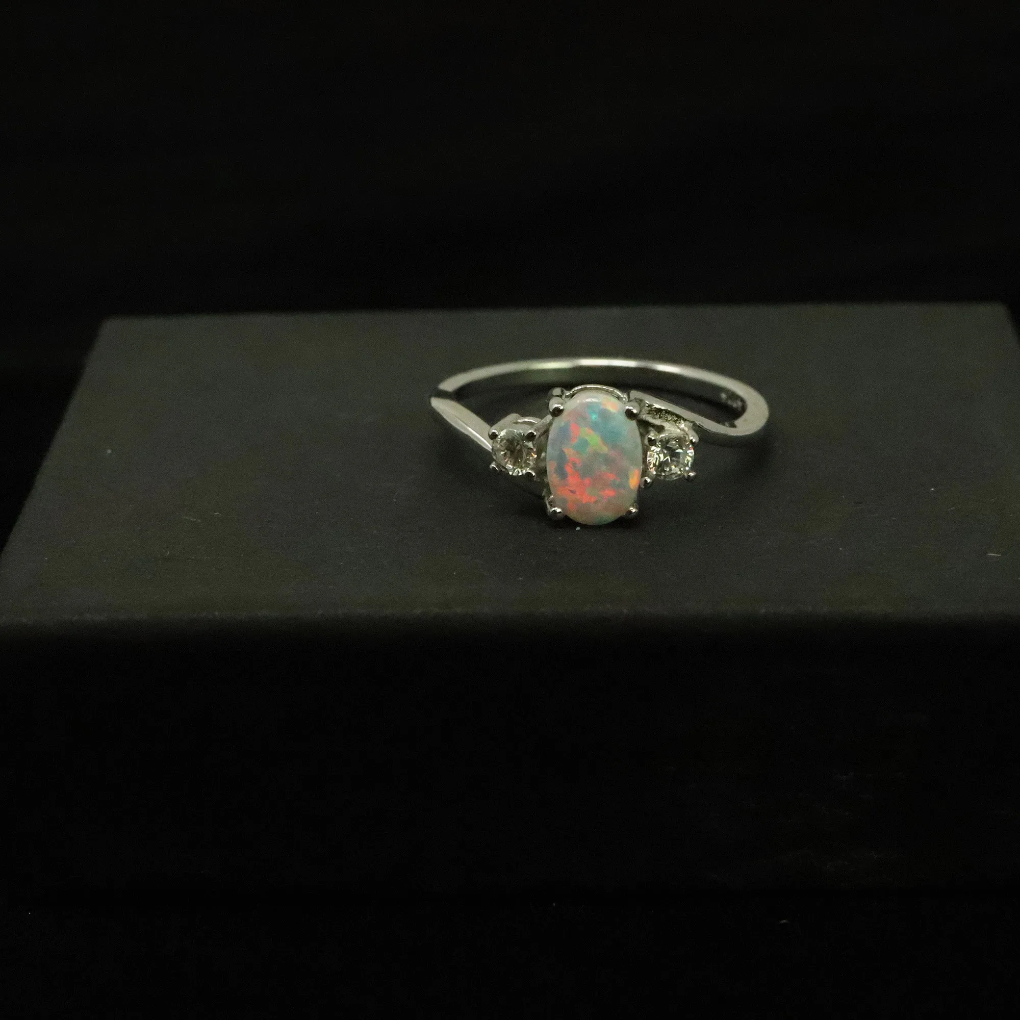 Oval Cut Pearl White Opal Ring with Cubic Zirconia - 925 Sterling Silver Statement Ring