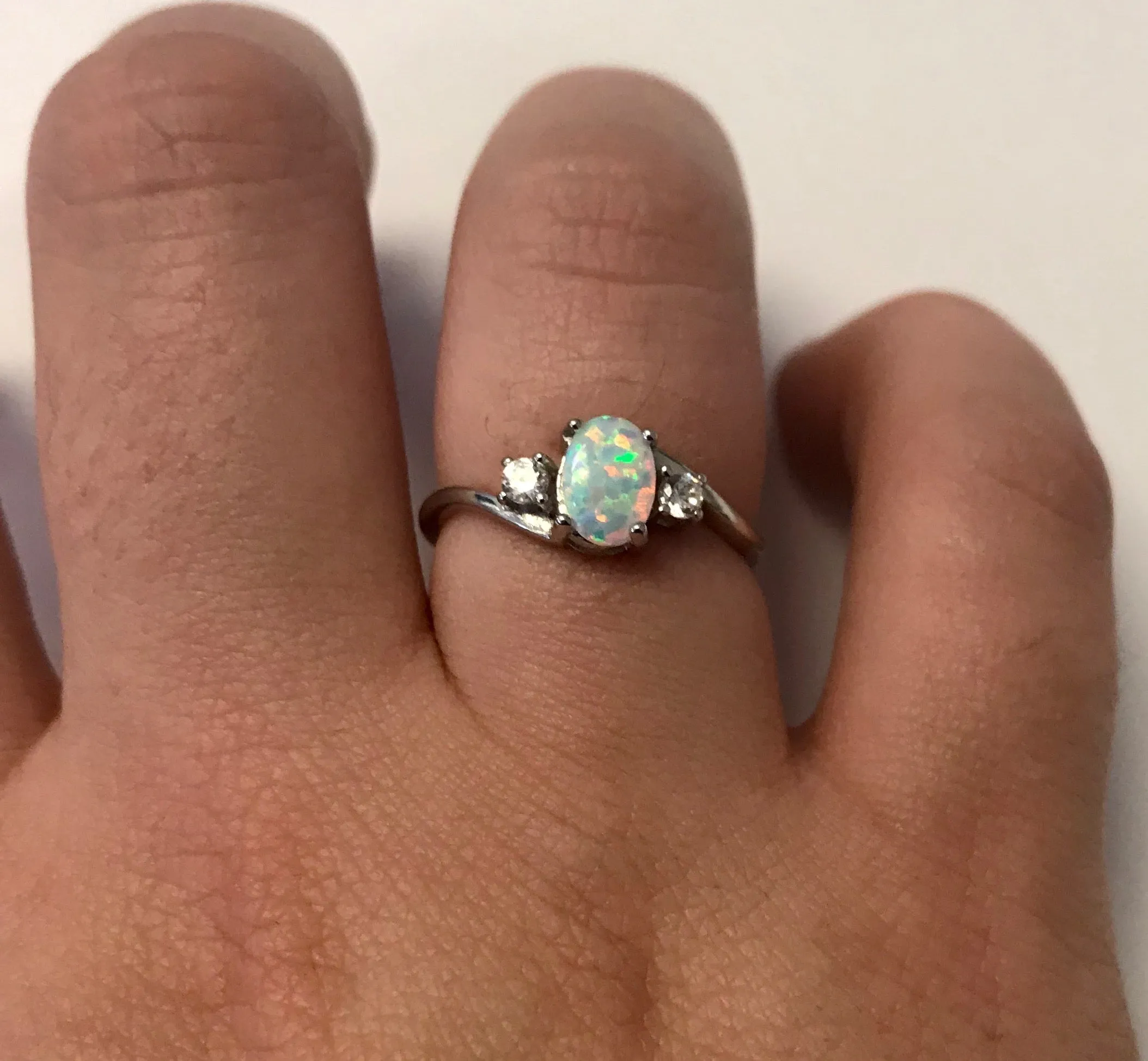 Oval Cut Pearl White Opal Ring with Cubic Zirconia - 925 Sterling Silver Statement Ring
