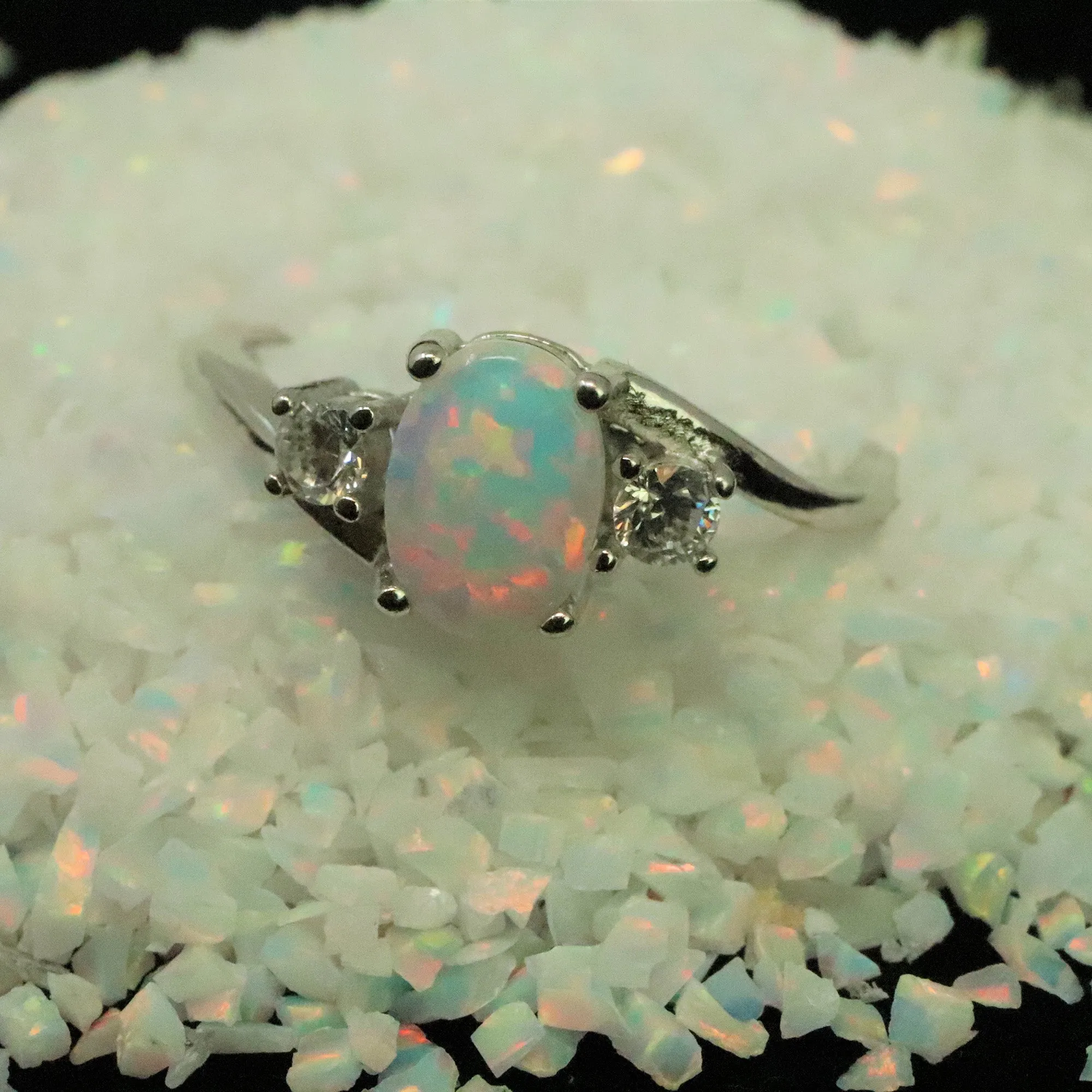 Oval Cut Pearl White Opal Ring with Cubic Zirconia - 925 Sterling Silver Statement Ring