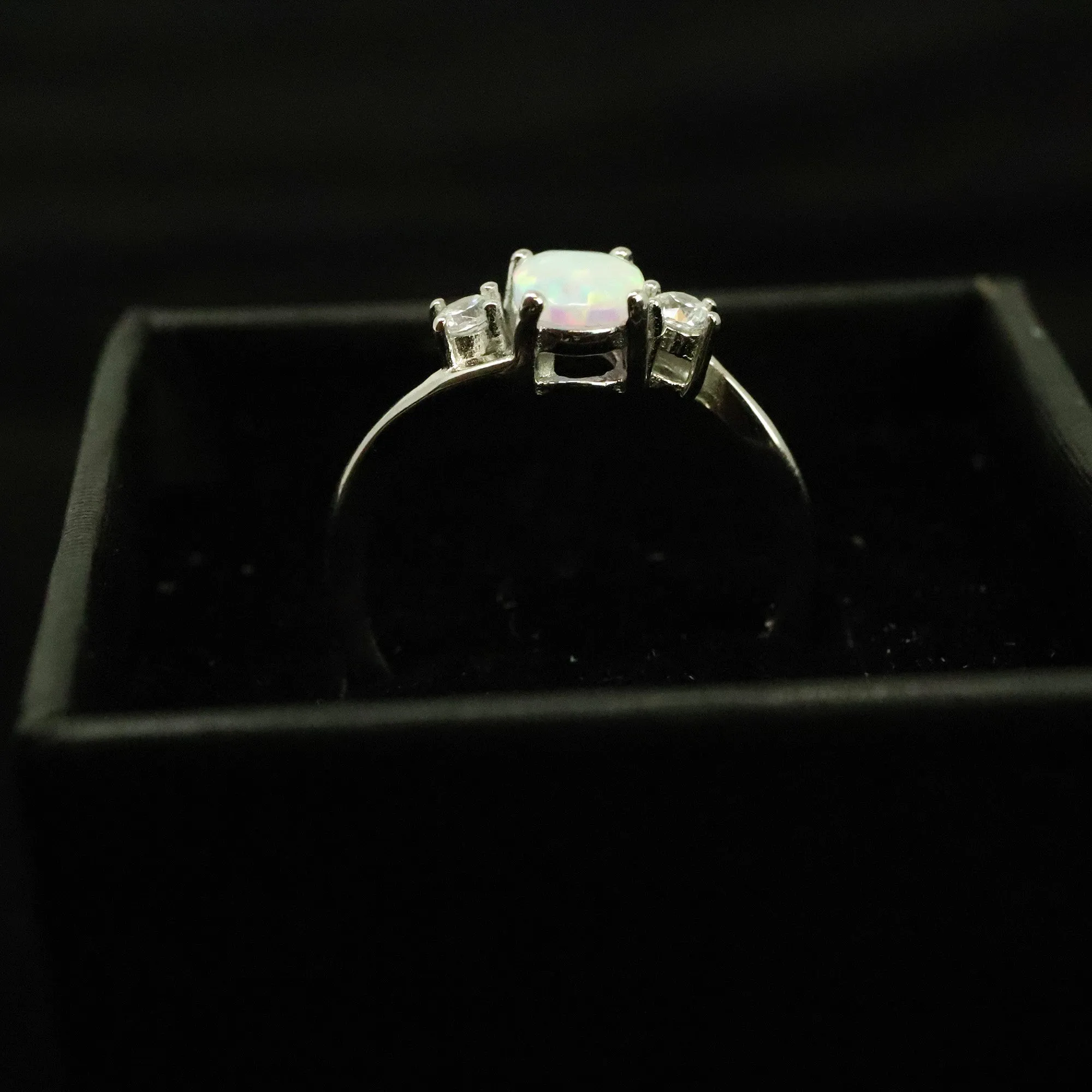 Oval Cut Pearl White Opal Ring with Cubic Zirconia - 925 Sterling Silver Statement Ring