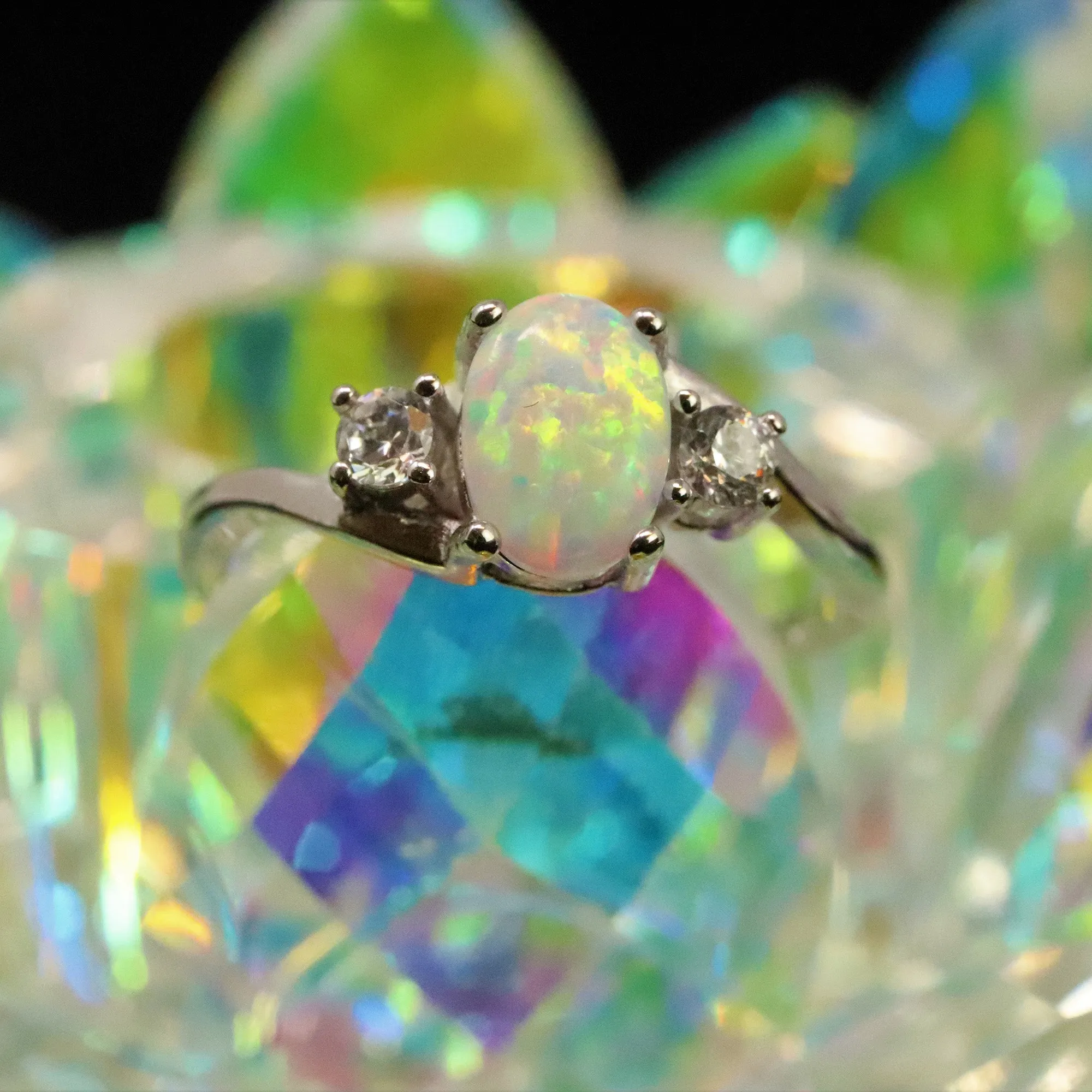 Oval Cut Pearl White Opal Ring with Cubic Zirconia - 925 Sterling Silver Statement Ring