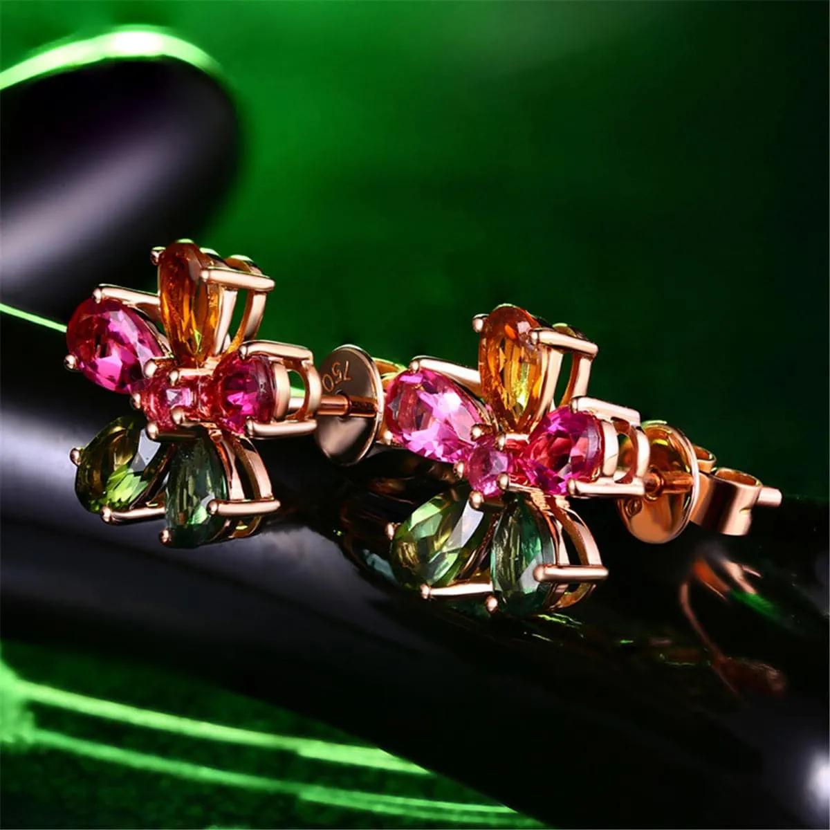 Pink & Green Crystal & 18K Rose Gold-Plated Flower Stud Earrings