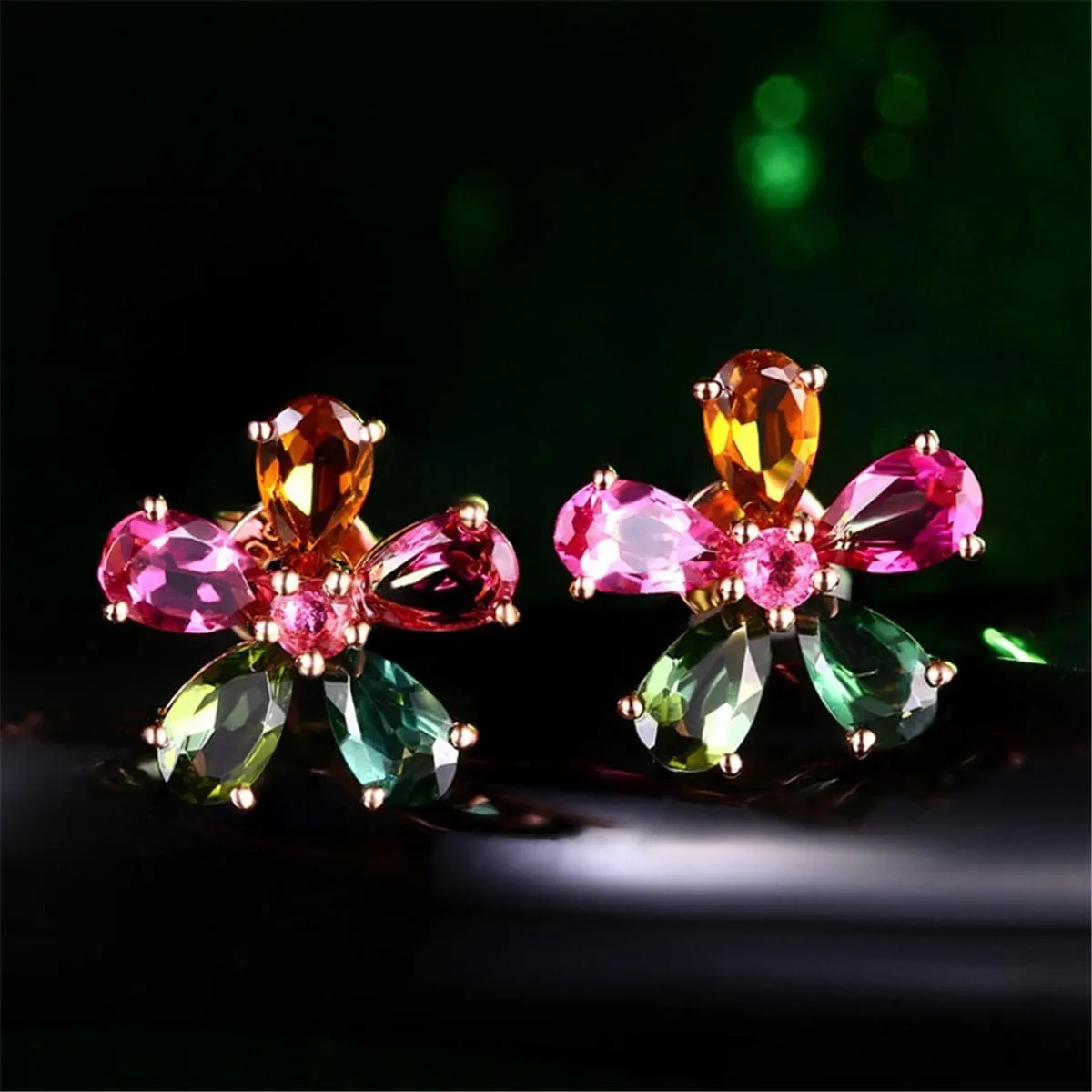 Pink & Green Crystal & 18K Rose Gold-Plated Flower Stud Earrings