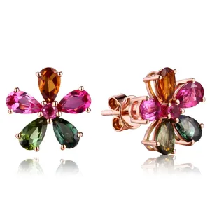 Pink & Green Crystal & 18K Rose Gold-Plated Flower Stud Earrings