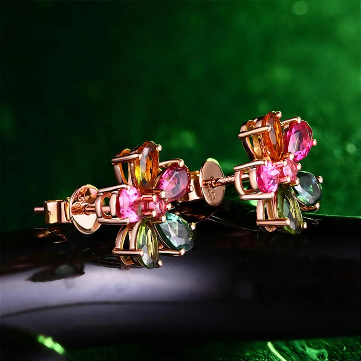 Pink & Green Crystal & 18K Rose Gold-Plated Flower Stud Earrings