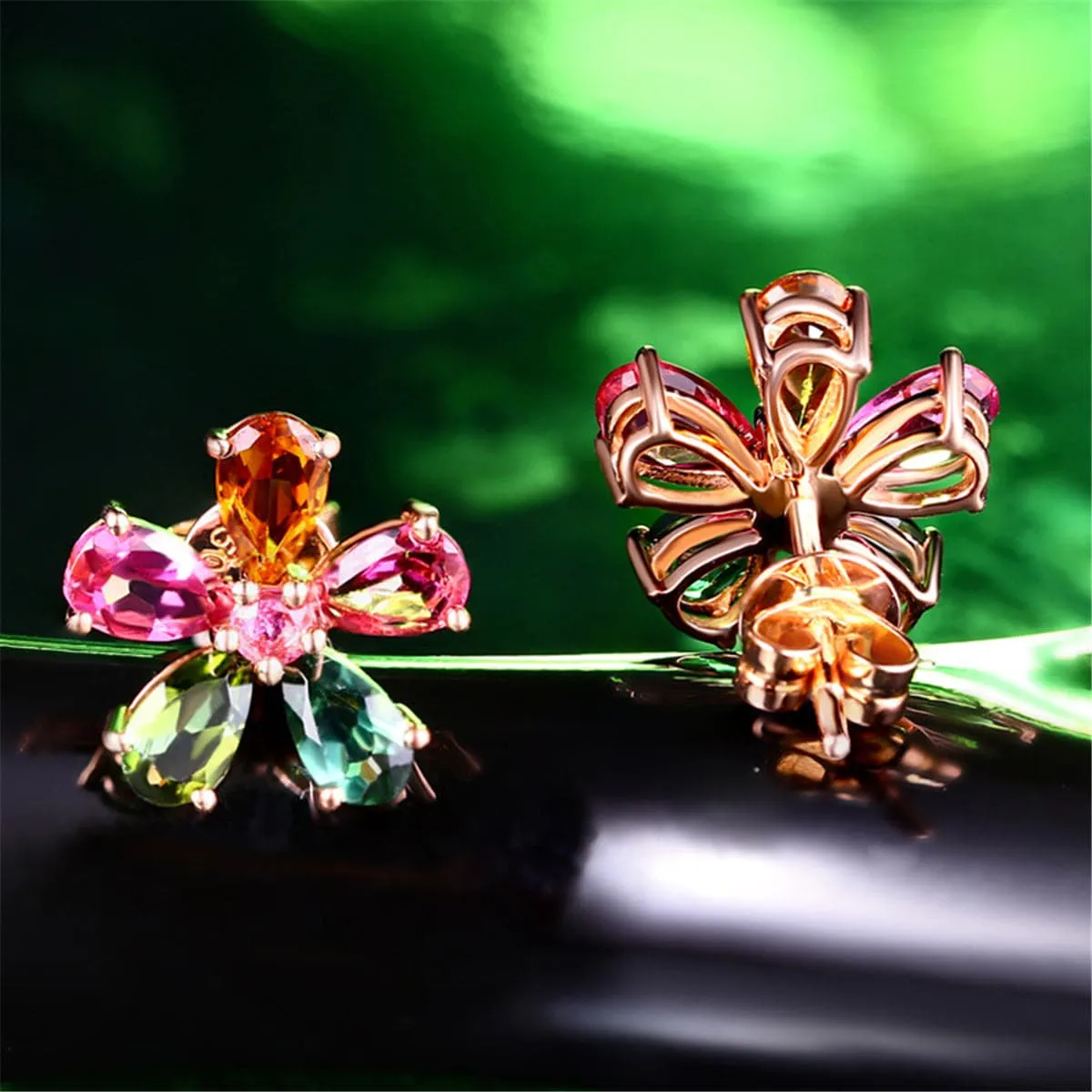 Pink & Green Crystal & 18K Rose Gold-Plated Flower Stud Earrings