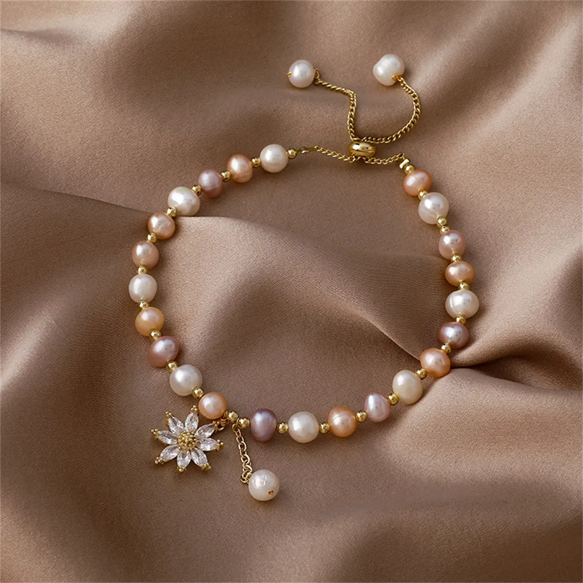 Pink Pearl & Cubic Zirconia Floral Adjustable Charm Bracelet