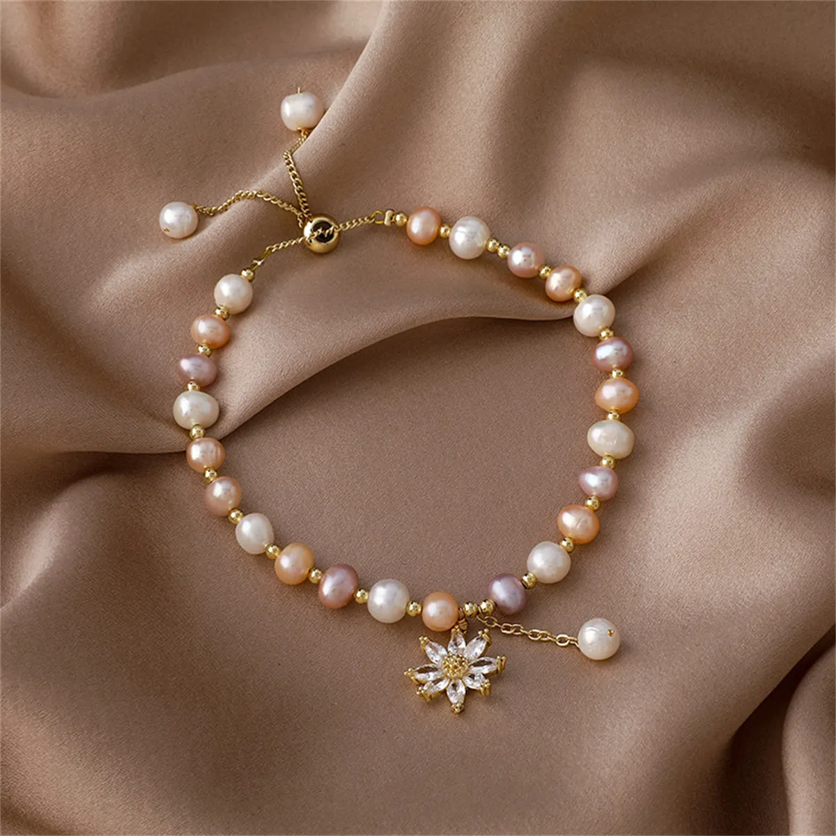 Pink Pearl & Cubic Zirconia Floral Adjustable Charm Bracelet