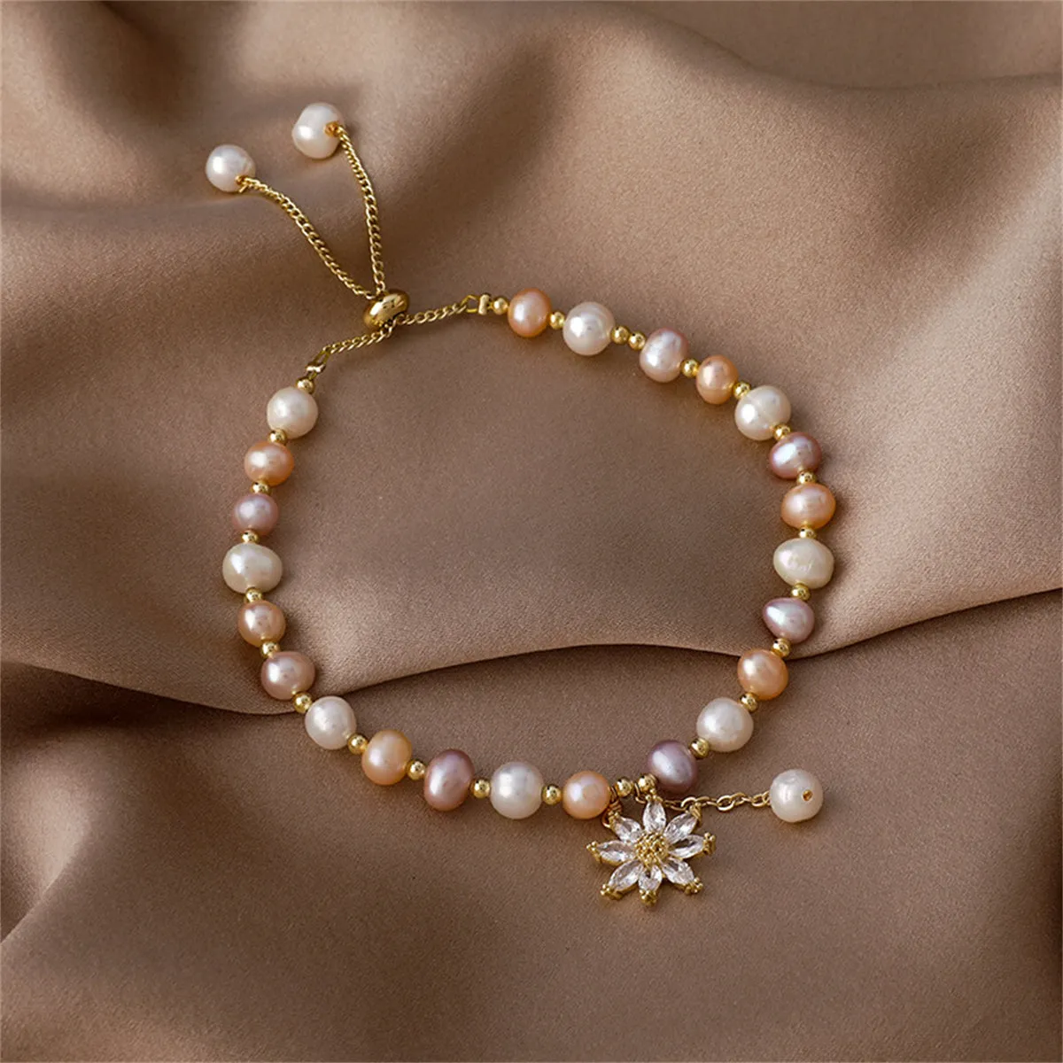 Pink Pearl & Cubic Zirconia Floral Adjustable Charm Bracelet