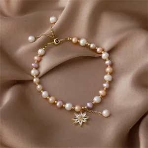 Pink Pearl & Cubic Zirconia Floral Adjustable Charm Bracelet