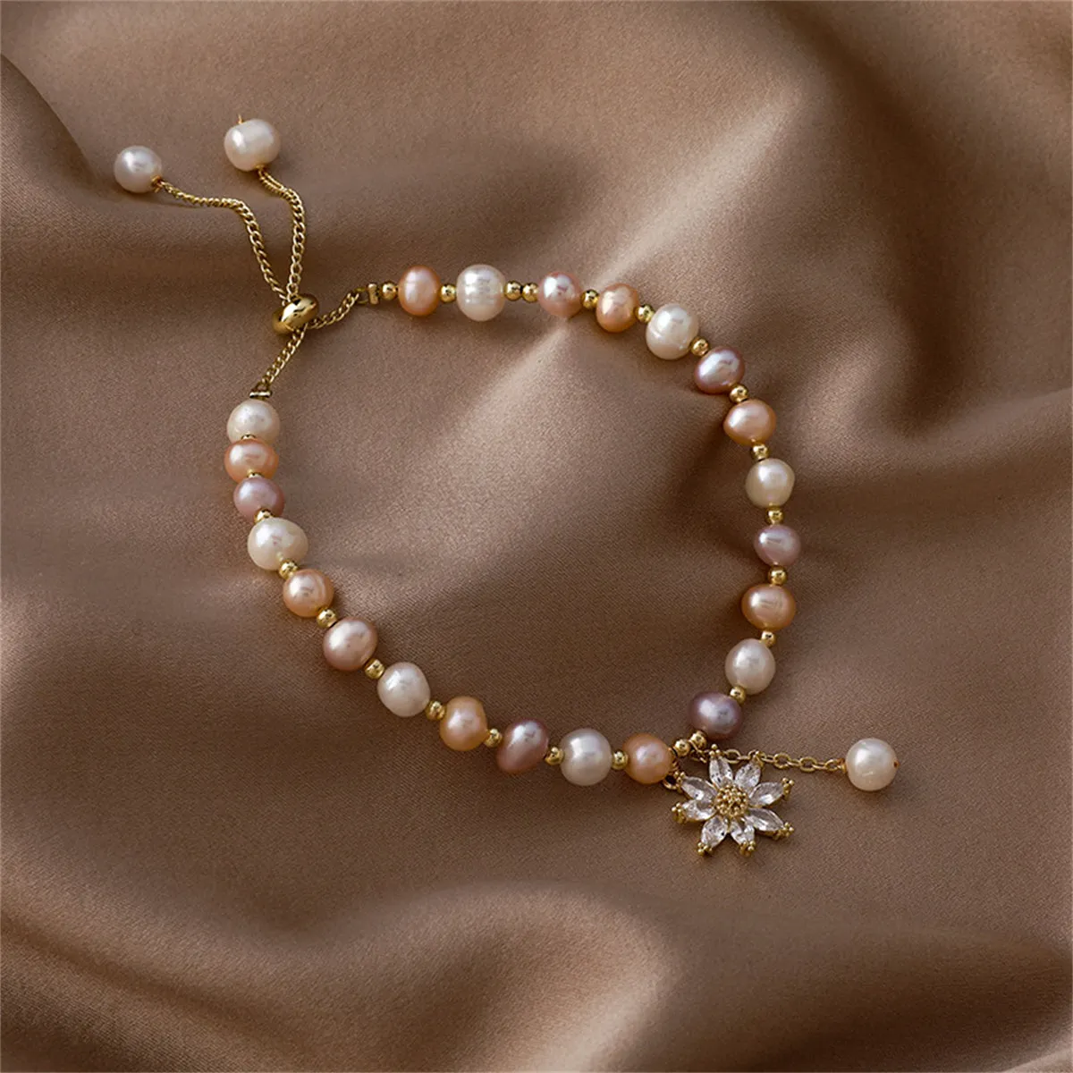 Pink Pearl & Cubic Zirconia Floral Adjustable Charm Bracelet