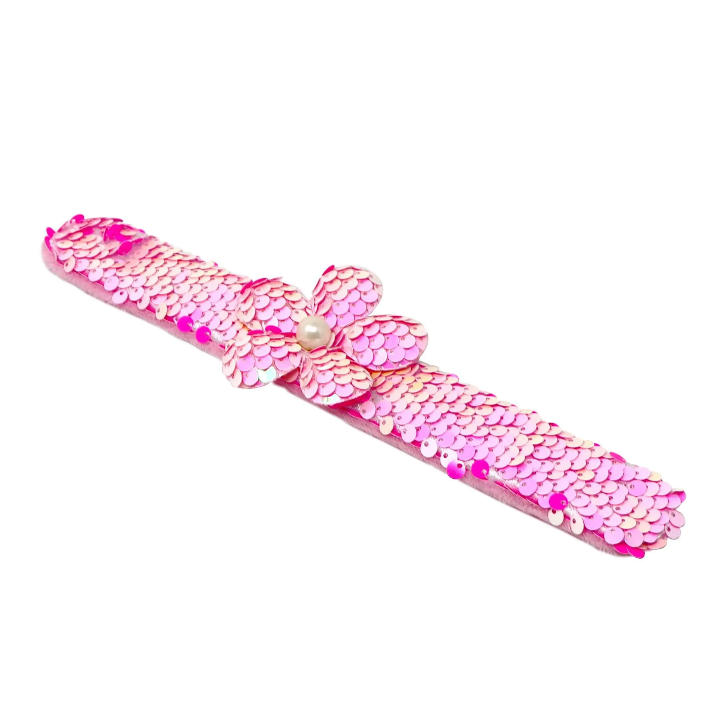 Pink Poppy Flower Sequin Slap Bracelet