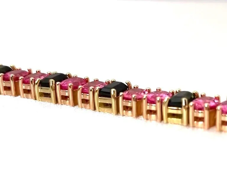 Pink Spinel and Green Tourmaline Yellow Rose Gold Tennis Link Bracelet