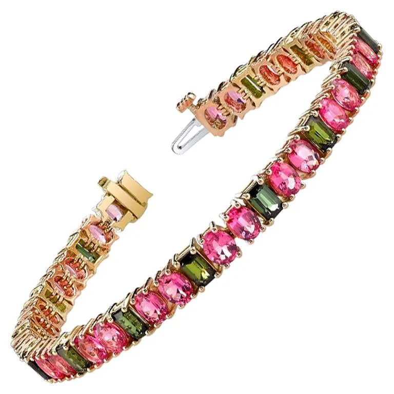 Pink Spinel and Green Tourmaline Yellow Rose Gold Tennis Link Bracelet