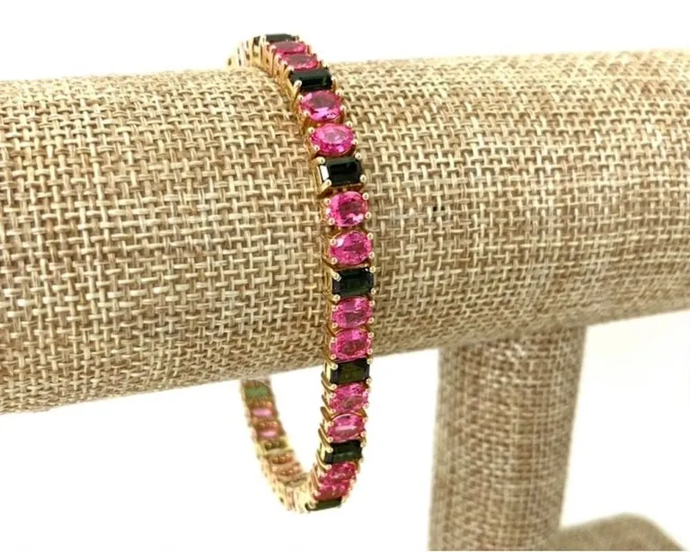Pink Spinel and Green Tourmaline Yellow Rose Gold Tennis Link Bracelet