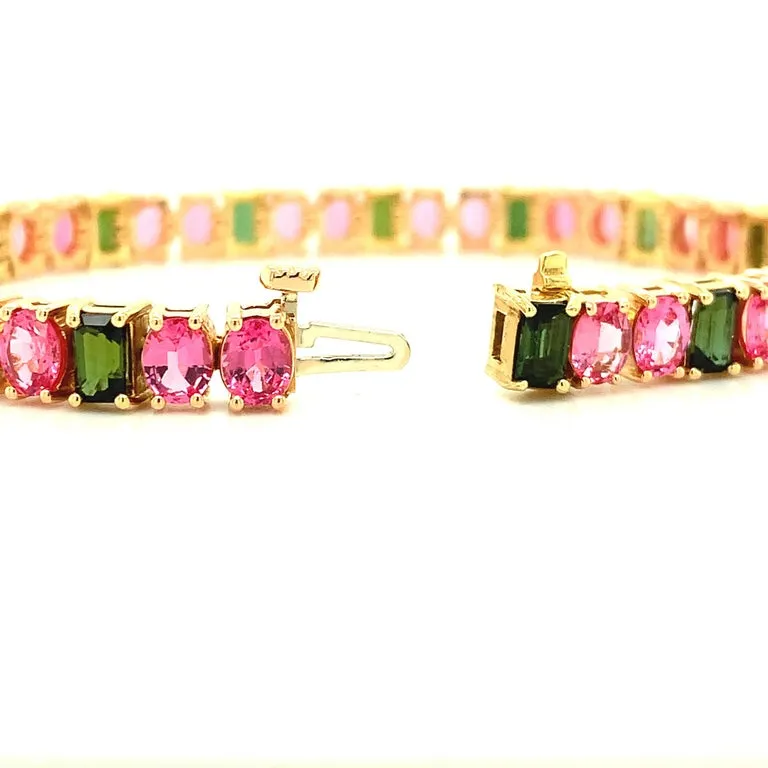 Pink Spinel and Green Tourmaline Yellow Rose Gold Tennis Link Bracelet