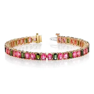 Pink Spinel and Green Tourmaline Yellow Rose Gold Tennis Link Bracelet