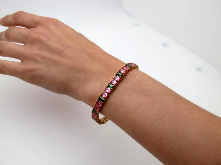 Pink Spinel and Green Tourmaline Yellow Rose Gold Tennis Link Bracelet