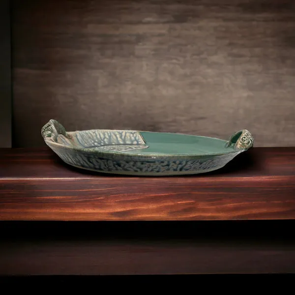 Platter with Handles Green Glaze