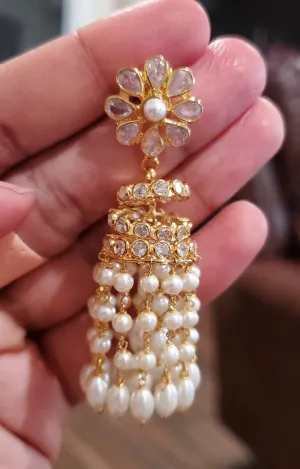 Polki Pearl Tassel Jhumkas White