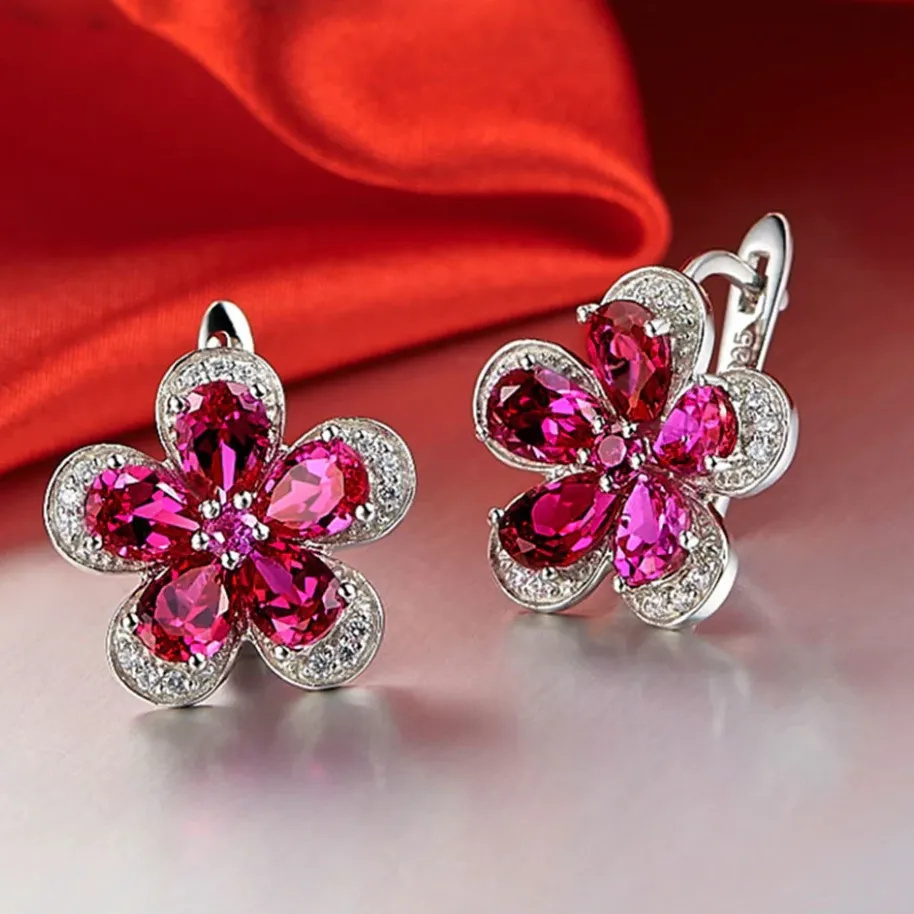 Pure 92.5 Sterling Silver 5.24 Ct Ruby Flower Studs