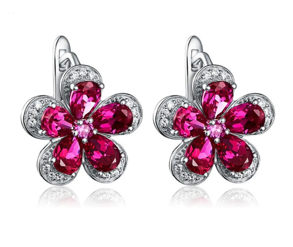Pure 92.5 Sterling Silver 5.24 Ct Ruby Flower Studs