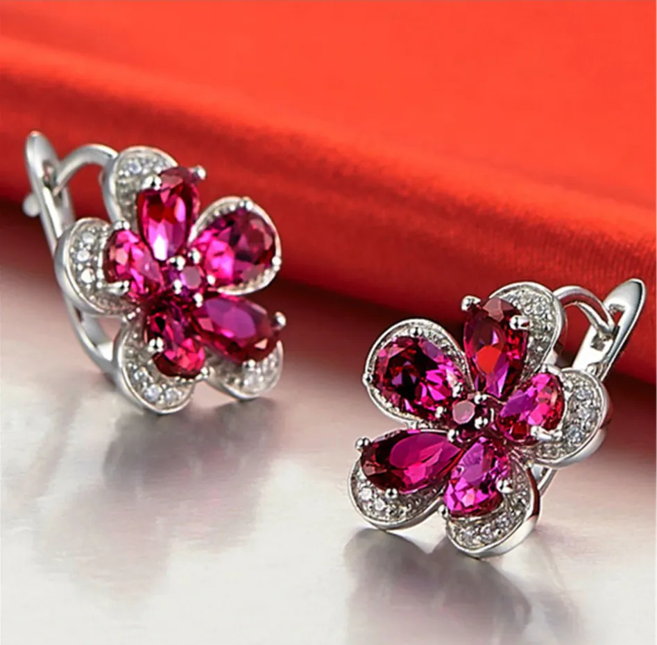 Pure 92.5 Sterling Silver 5.24 Ct Ruby Flower Studs