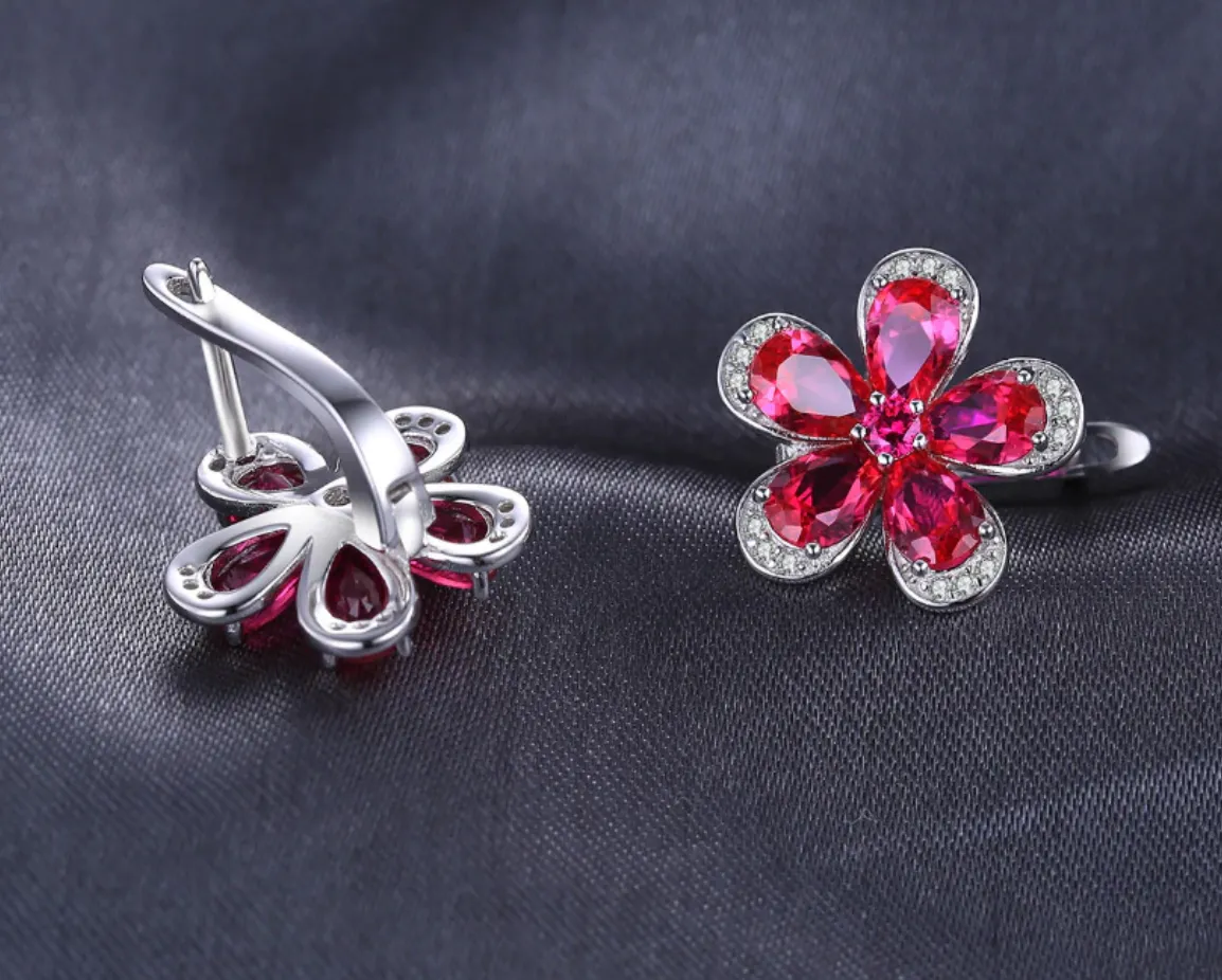 Pure 92.5 Sterling Silver 5.24 Ct Ruby Flower Studs