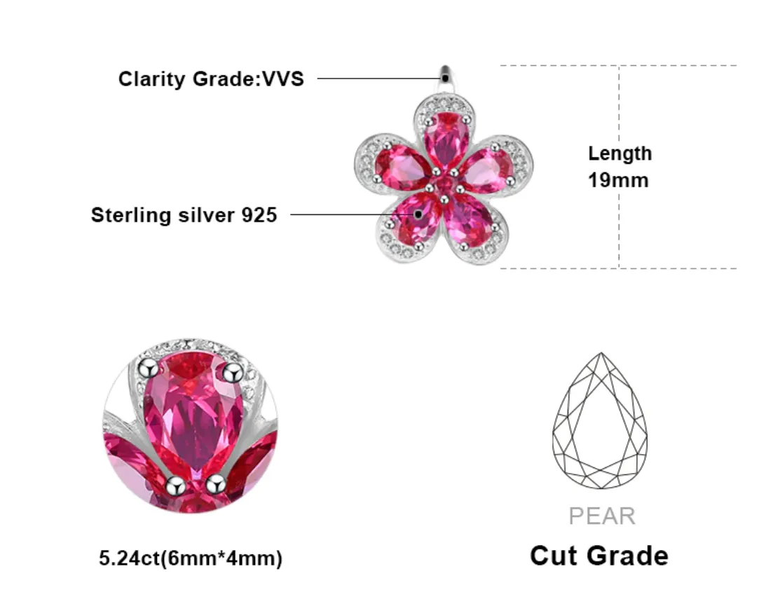 Pure 92.5 Sterling Silver 5.24 Ct Ruby Flower Studs