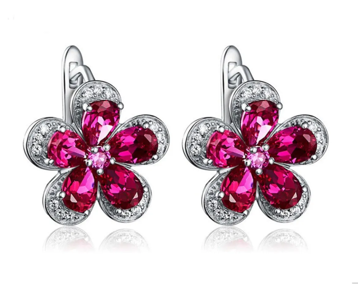 Pure 92.5 Sterling Silver 5.24 Ct Ruby Flower Studs