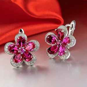 Pure 92.5 Sterling Silver 5.24 Ct Ruby Flower Studs