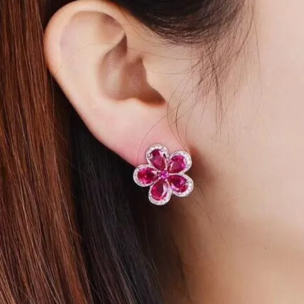 Pure 92.5 Sterling Silver 5.24 Ct Ruby Flower Studs