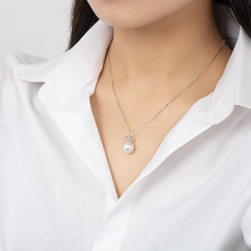 Queen Crown Sterling silver 9.5-10mm Freshwater White Pearl Pendant Necklace