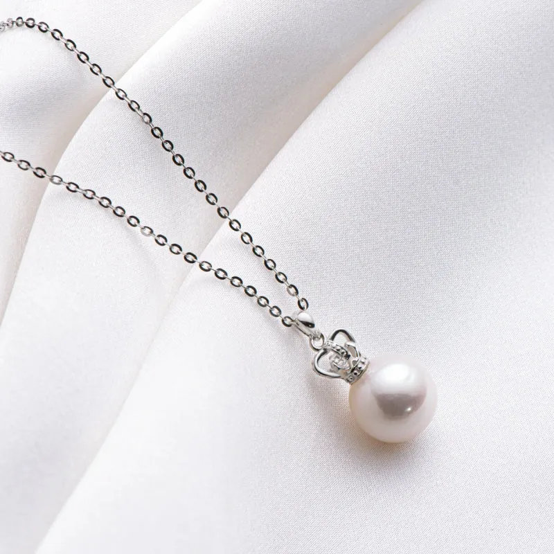 Queen Crown Sterling silver 9.5-10mm Freshwater White Pearl Pendant Necklace