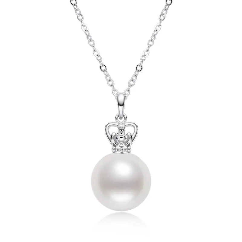Queen Crown Sterling silver 9.5-10mm Freshwater White Pearl Pendant Necklace