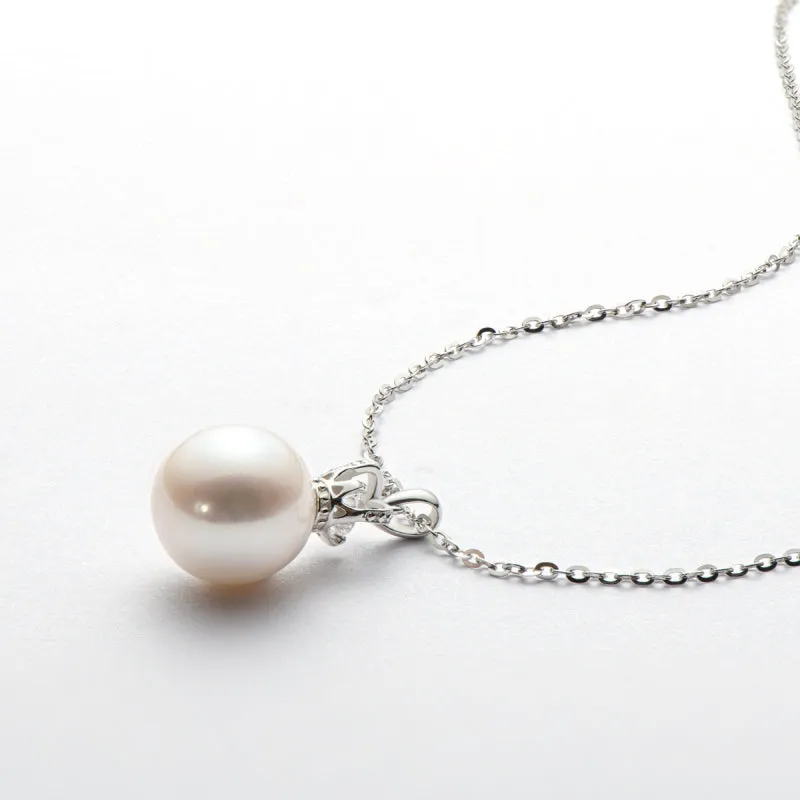 Queen Crown Sterling silver 9.5-10mm Freshwater White Pearl Pendant Necklace