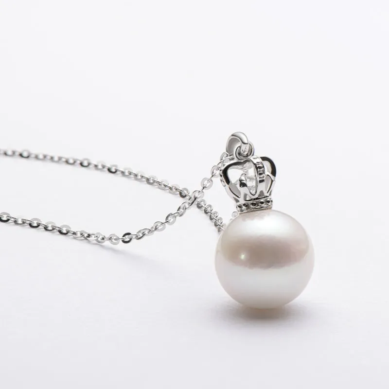 Queen Crown Sterling silver 9.5-10mm Freshwater White Pearl Pendant Necklace
