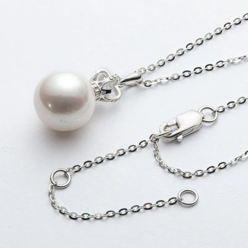 Queen Crown Sterling silver 9.5-10mm Freshwater White Pearl Pendant Necklace