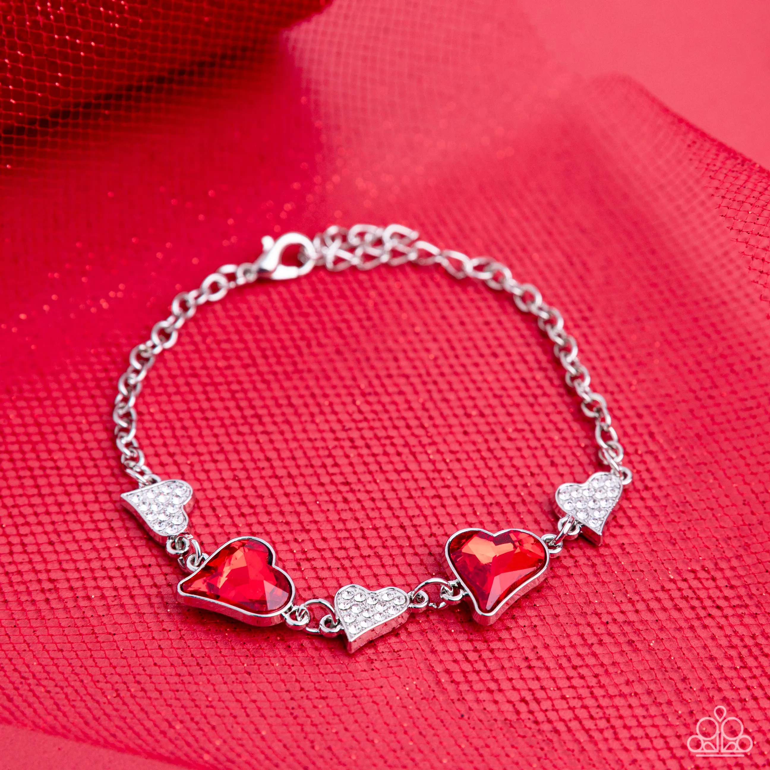 "Cluelessly Crushing" Silver Metal White & Red Rhinestone Heart Bracelet