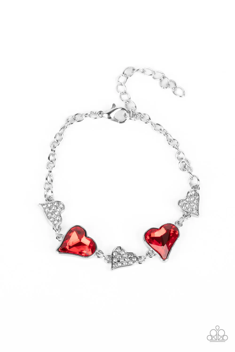 "Cluelessly Crushing" Silver Metal White & Red Rhinestone Heart Bracelet
