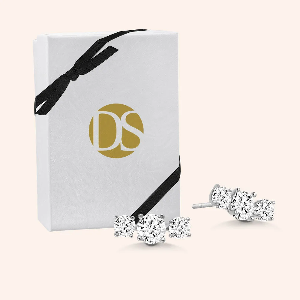"Gentle Trio" 1.4CTW 3 Stone Stud Earrings - Sterling Silver