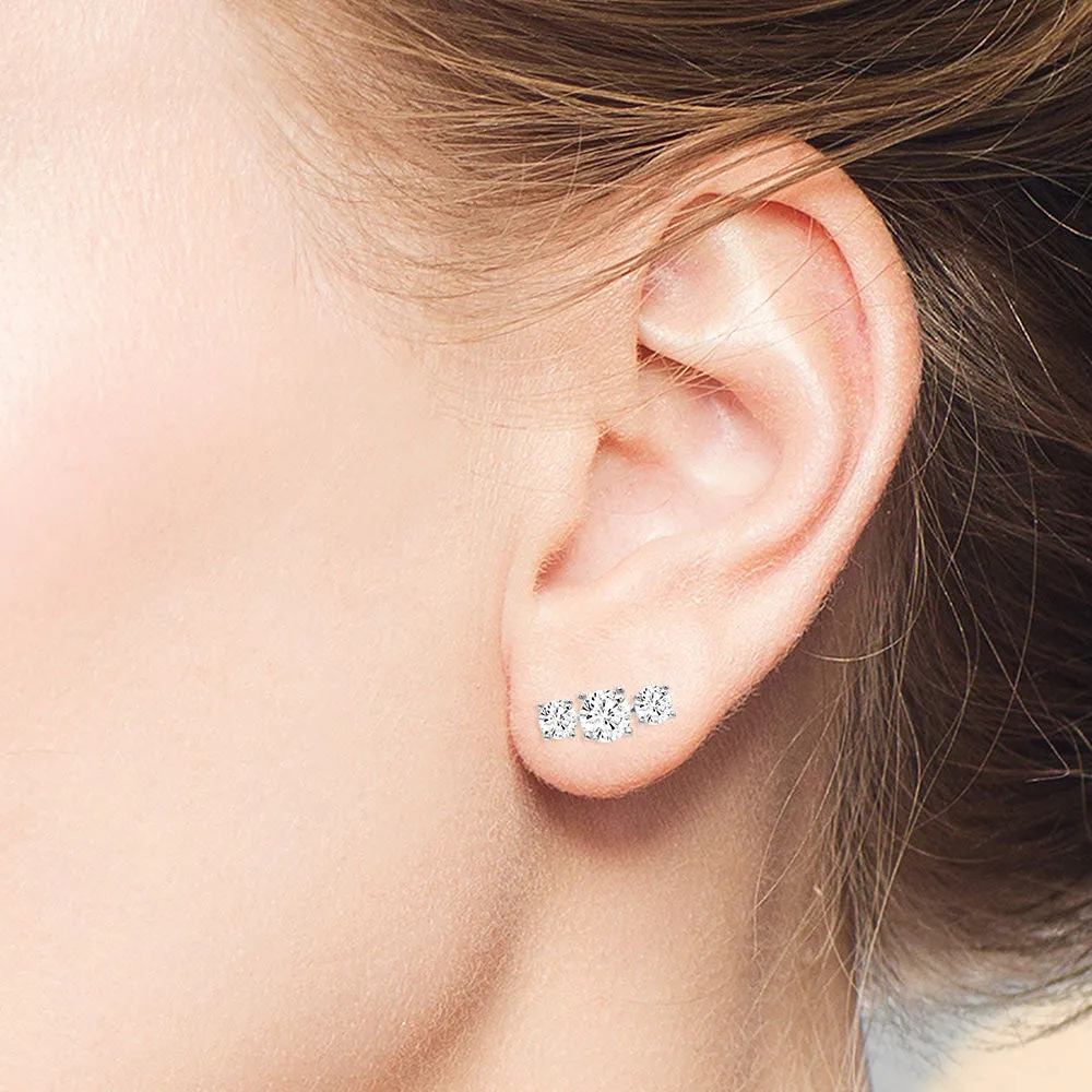 "Gentle Trio" 1.4CTW 3 Stone Stud Earrings - Sterling Silver