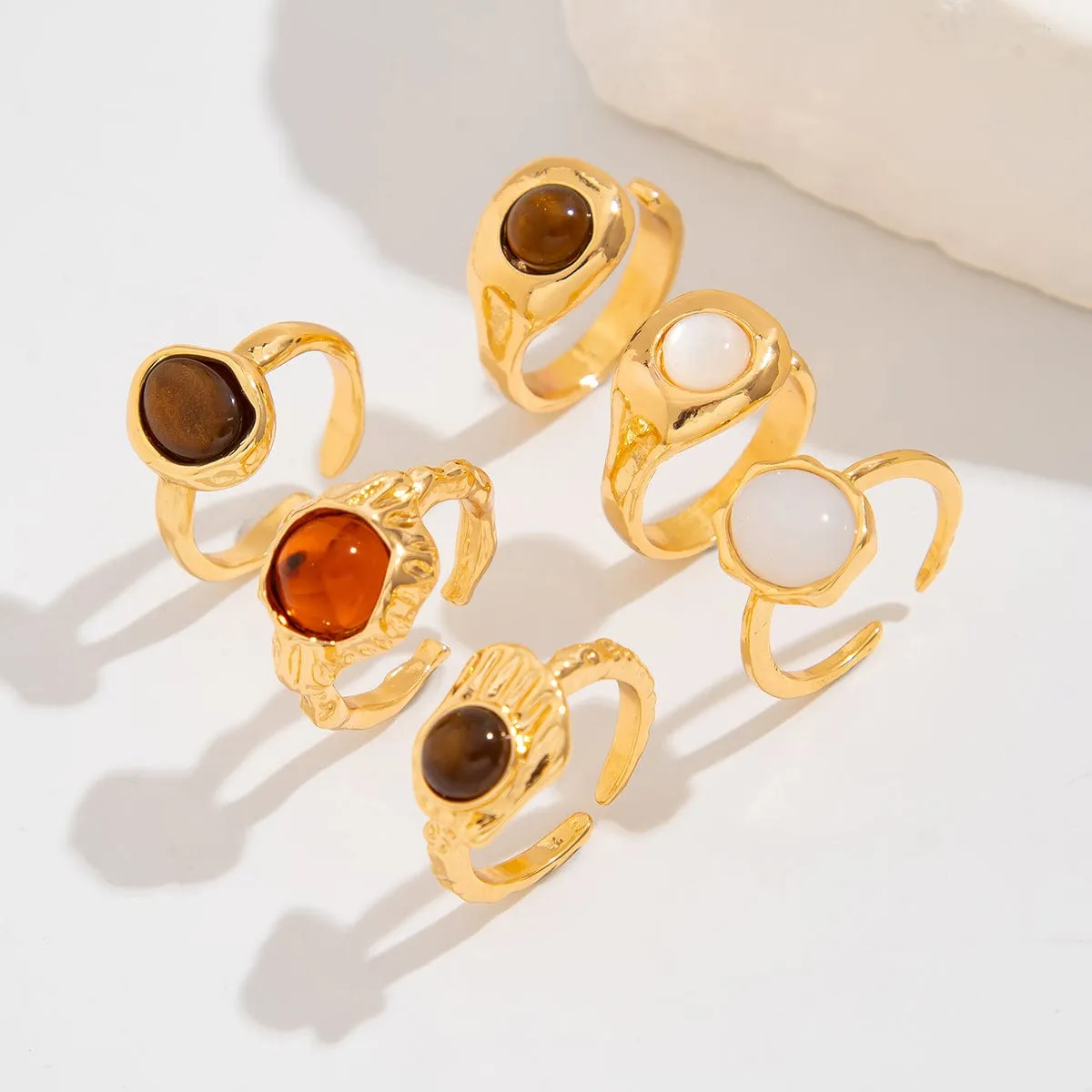 Retro Gold Plated Crystal Inlaid Textured Open Ring Set