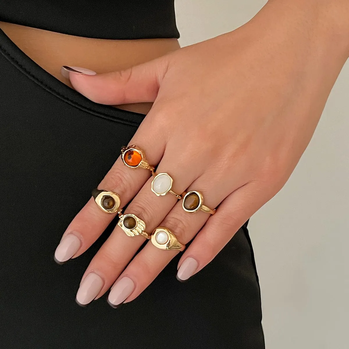 Retro Gold Plated Crystal Inlaid Textured Open Ring Set