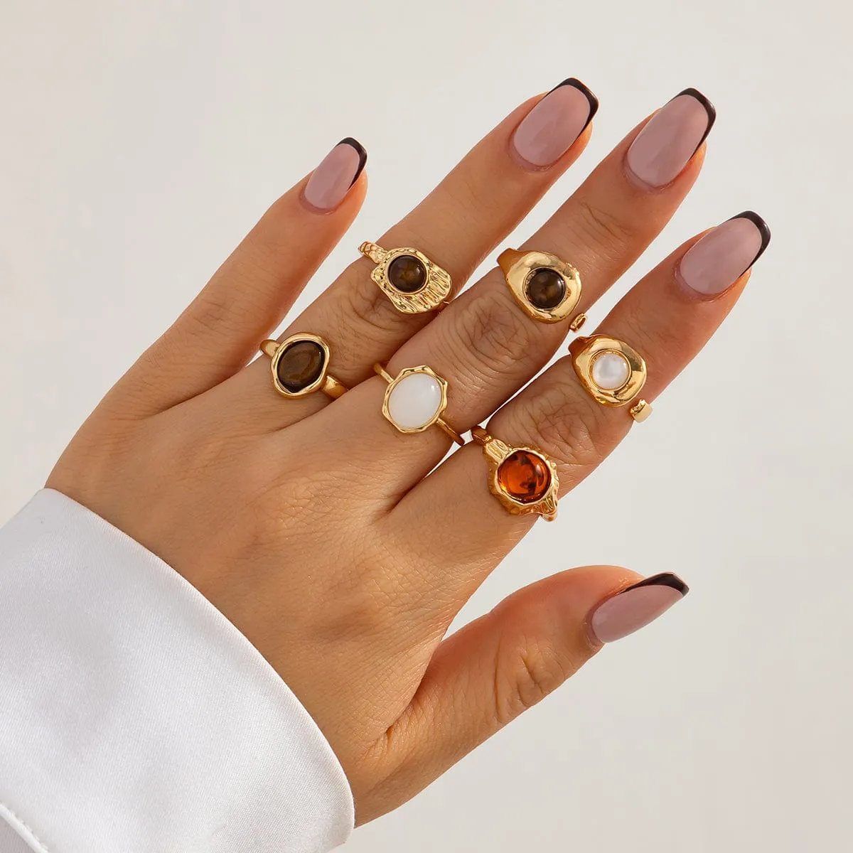 Retro Gold Plated Crystal Inlaid Textured Open Ring Set
