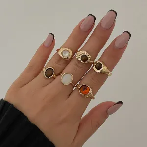 Retro Gold Plated Crystal Inlaid Textured Open Ring Set