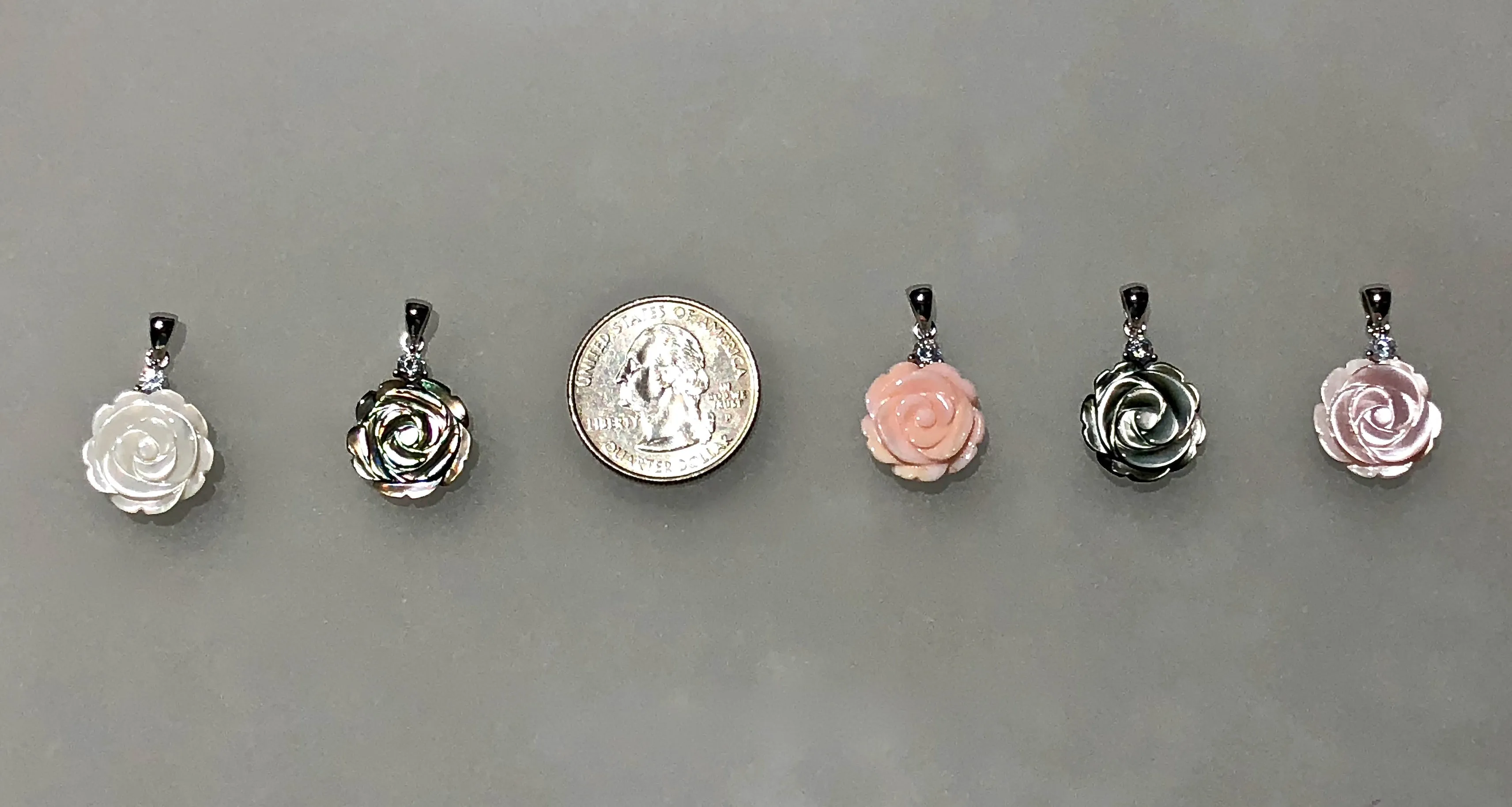 Rhodium-Plated 925 Sterling Silver Pendant ~ 15mm Rose-Carved Natural Shell with CZ Accent (chain sold separately)